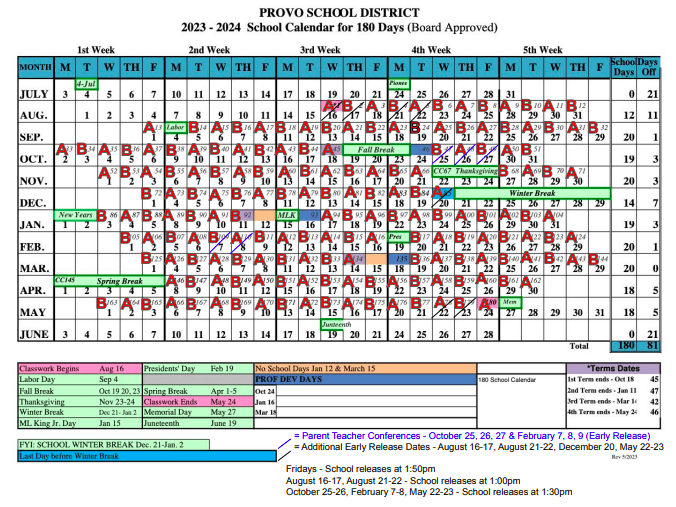 2023 2024 A/B Calendar and Early Out Days (A/B for DLI students only